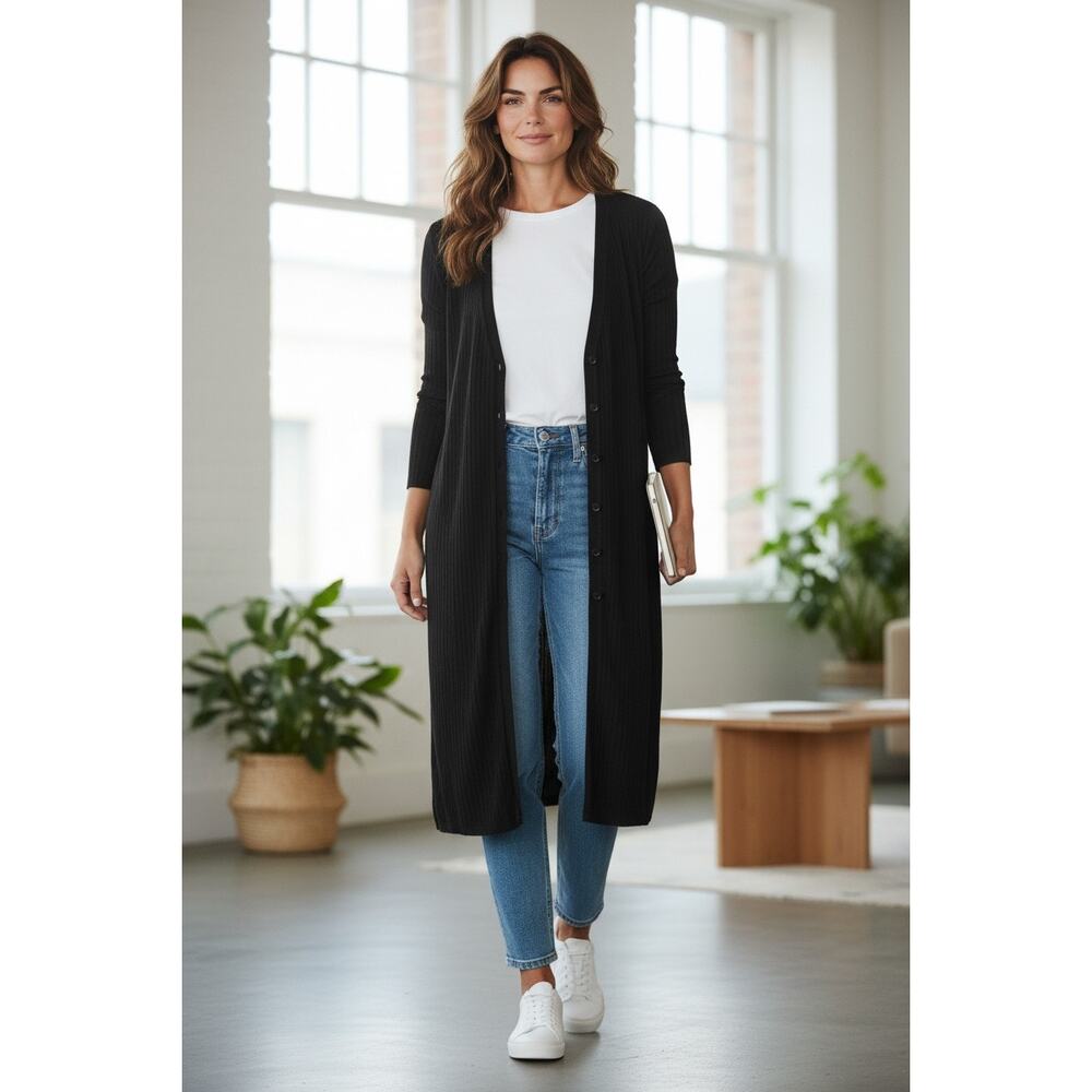 J.Jill Linen Blend Long Line Buttoned Cardigan Rib Knit Lightweight Sz M Black